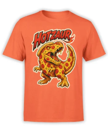 Orange T-shirt with a roaring dinosaur made of cheesy pizza, pepperoni, crust, and bold graphic lettering