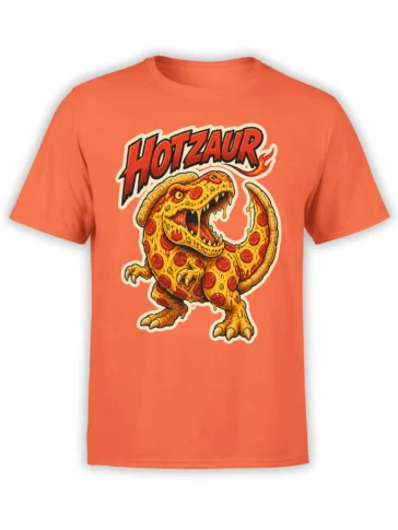 Orange T-shirt with a roaring dinosaur made of cheesy pizza, pepperoni, crust, and bold graphic lettering