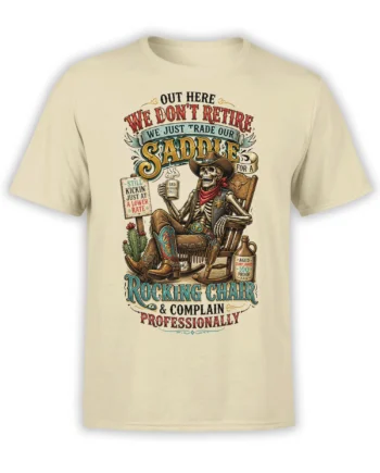 Beige Western T-shirt with a cowboy skeleton in a rocking chair, cactus, complaint bottle, and vintage lettering