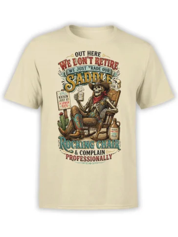 Beige Western T-shirt with a cowboy skeleton in a rocking chair, cactus, complaint bottle, and vintage lettering