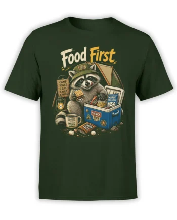 Green T-shirt with vintage raccoon camping design, “Food First” text, snacks, cooler, tent, and camp rules