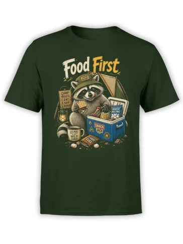 Green T-shirt with vintage raccoon camping design, “Food First” text, snacks, cooler, tent, and camp rules