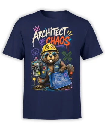 Architect of Chaos beaver wearing sunglasses and a hard hat on a navy graphic T-shirt