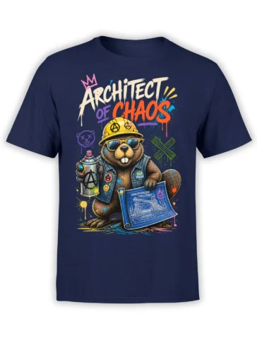 Architect of Chaos beaver wearing sunglasses and a hard hat on a navy graphic T-shirt