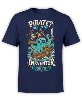 Turquoise octopus pirate captain on a treasure ship with nautical lettering on a navy T-shirt