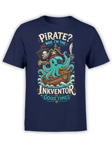 Turquoise octopus pirate captain on a treasure ship with nautical lettering on a navy T-shirt