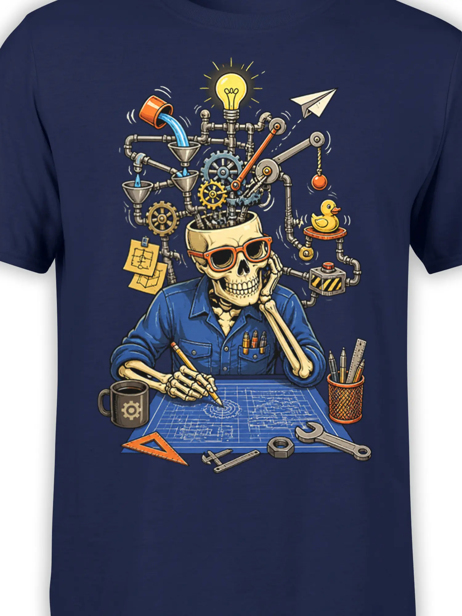 Close-up of the skeleton engineer design with orange sunglasses, mechanical gears, pipes, and blueprint details on navy fabric