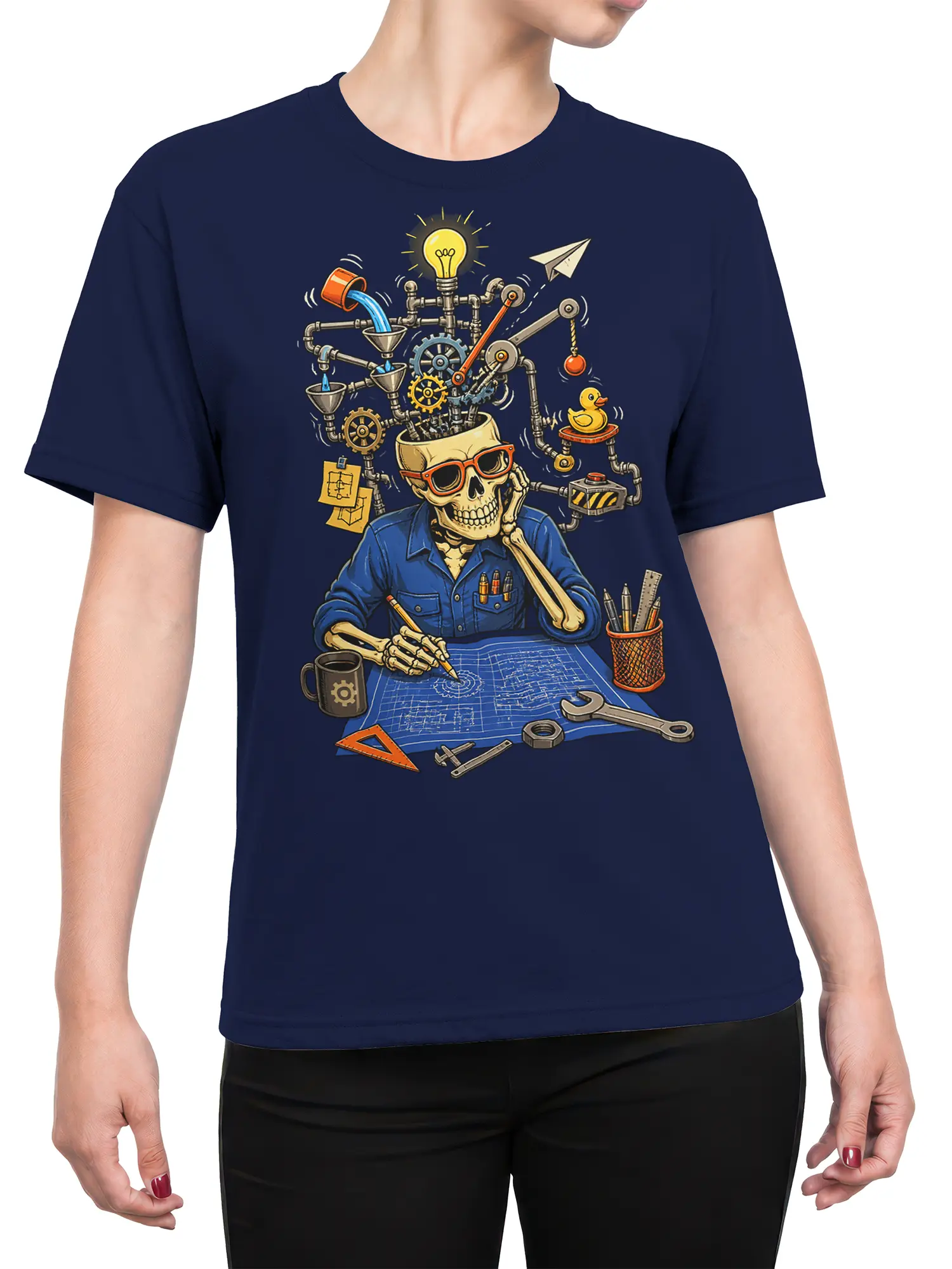 Female torso wearing a navy skeleton engineer T-shirt with gears, workshop pipes, tools, and blueprint artwork