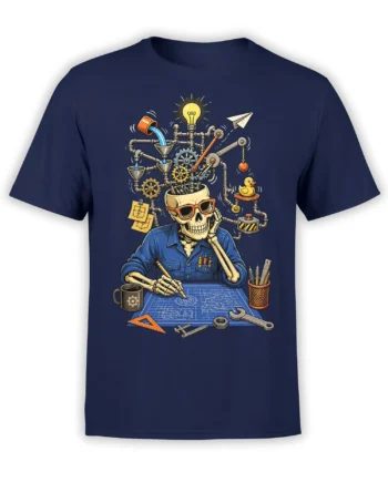 Skeleton engineer graphic tee in navy with gears, blueprints, pipes, tools, and a glowing light bulb