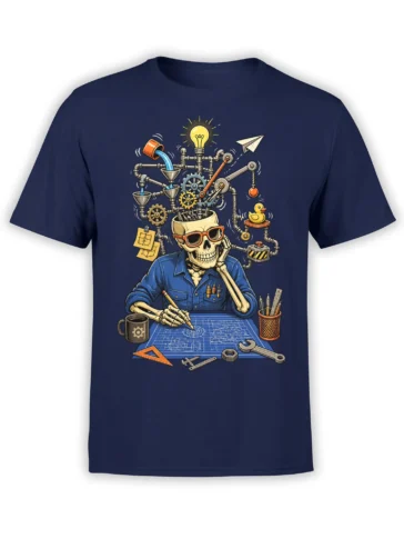 Skeleton engineer graphic tee in navy with gears, blueprints, pipes, tools, and a glowing light bulb