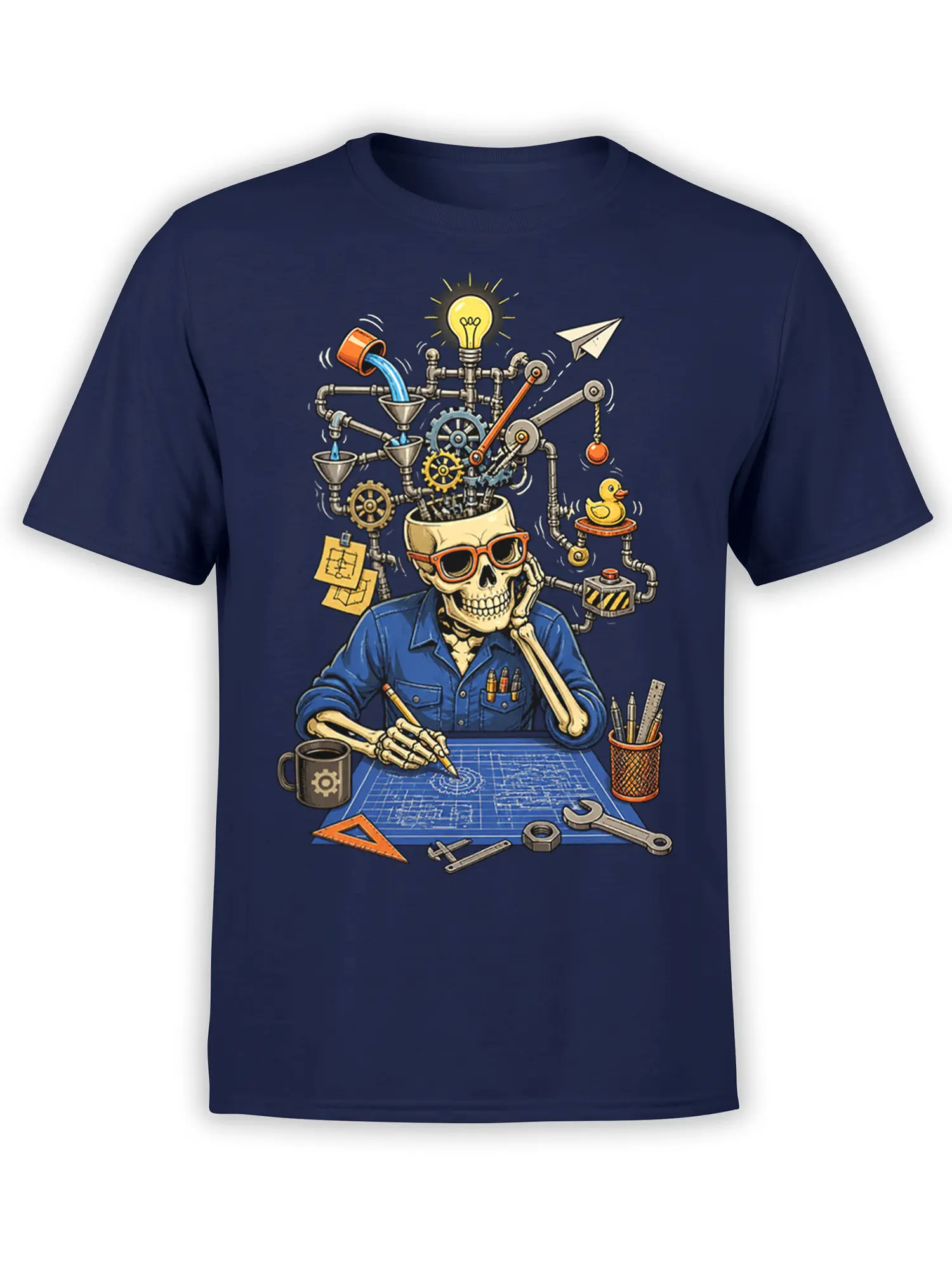 Skeleton engineer graphic tee in navy with gears, blueprints, pipes, tools, and a glowing light bulb