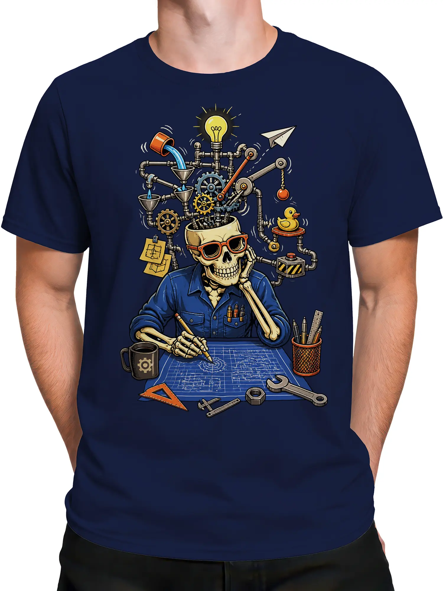 Male torso wearing a navy skeleton engineer T-shirt with mechanical gears, tools, pipes, and blueprint artwork