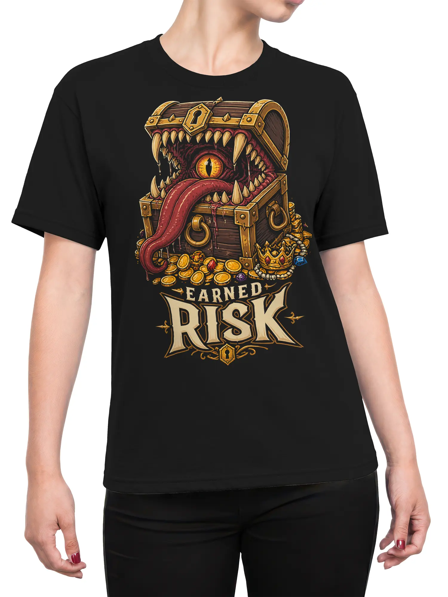 Female torso wearing a black T-shirt with a toothy treasure chest monster and earned risk fantasy artwork