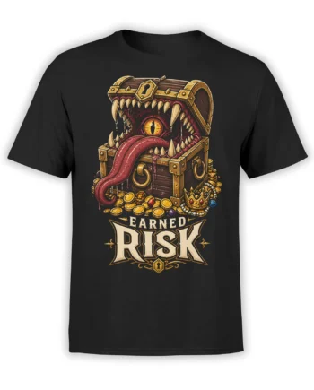 Black T-shirt with a menacing treasure chest monster, sharp teeth, red tongue, coins, gems, and earned risk lettering