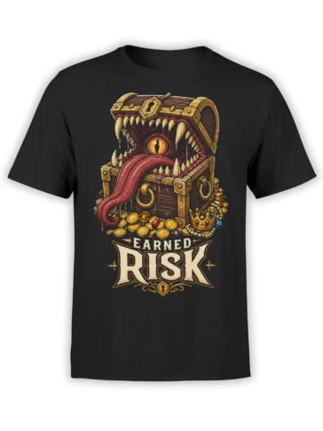 Black T-shirt with a menacing treasure chest monster, sharp teeth, red tongue, coins, gems, and earned risk lettering