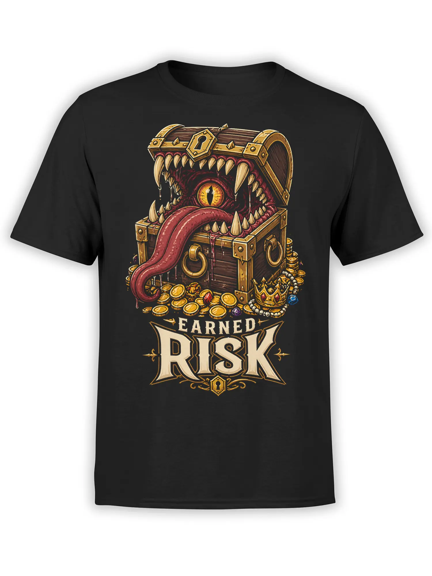 Black T-shirt with a menacing treasure chest monster, sharp teeth, red tongue, coins, gems, and earned risk lettering