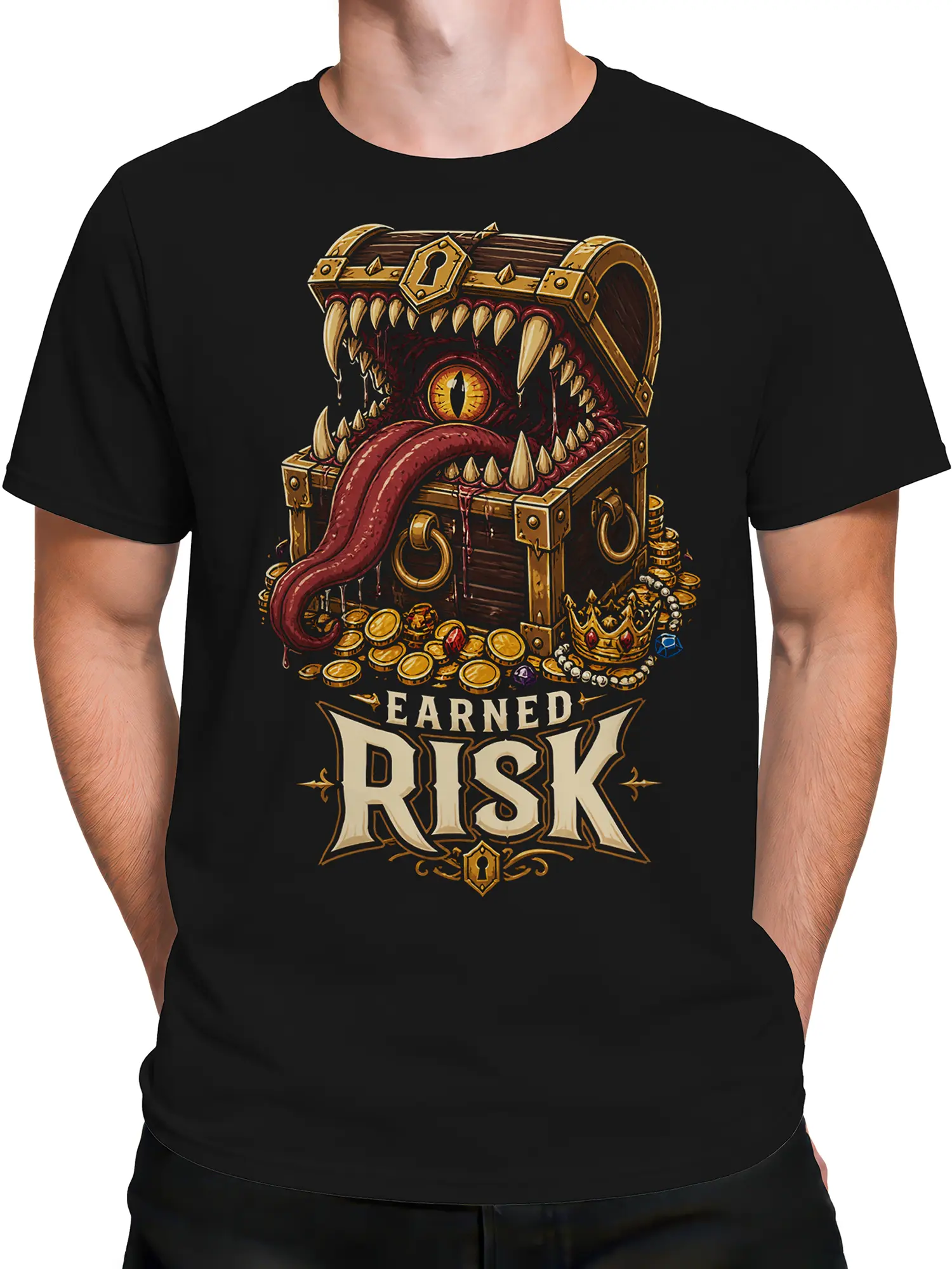 Male torso wearing a black monster T-shirt with a treasure chest, gold coins, sharp teeth, and fantasy lettering