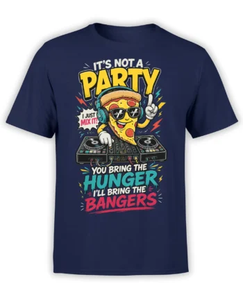 Cartoon pizza DJ in headphones mixing turntables with colorful party lettering on a navy T-shirt