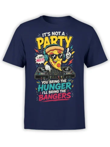 Cartoon pizza DJ in headphones mixing turntables with colorful party lettering on a navy T-shirt