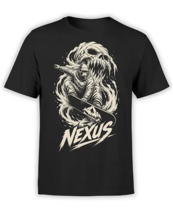 Black snowboard t-shirt featuring a masked rider, swirling snow, large skull, and distressed Nexus lettering