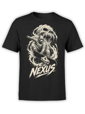 Black snowboard t-shirt featuring a masked rider, swirling snow, large skull, and distressed Nexus lettering