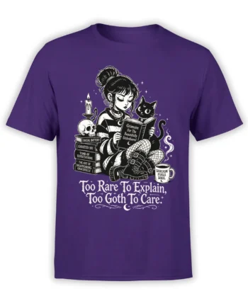 Purple T-shirt with gothic girl, black cat, grimoire, skull, candle, books, coffee, and moon artwork