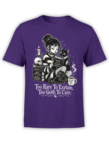 Purple T-shirt with gothic girl, black cat, grimoire, skull, candle, books, coffee, and moon artwork