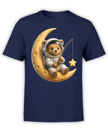 Teddy bear astronaut fishing for a golden star from a crescent moon on a navy graphic tee