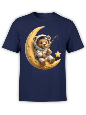 Teddy bear astronaut fishing for a golden star from a crescent moon on a navy graphic tee