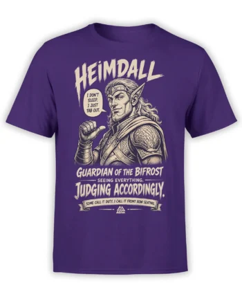 Purple T-shirt with a vintage Norse guardian graphic, Heimdall lettering, and sarcastic watchman text