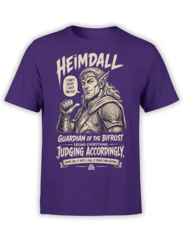 Purple T-shirt with a vintage Norse guardian graphic, Heimdall lettering, and sarcastic watchman text