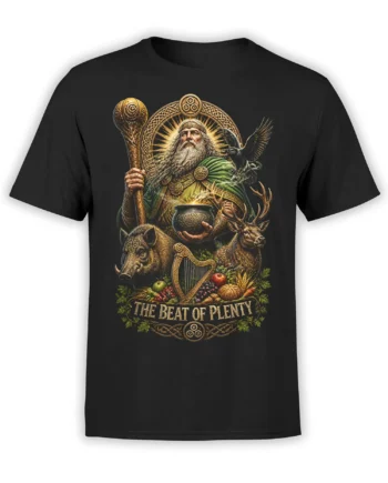 Black T-shirt with a harvest deity, raven, stag, wild boar, harp, and "The Beat of Plenty" design