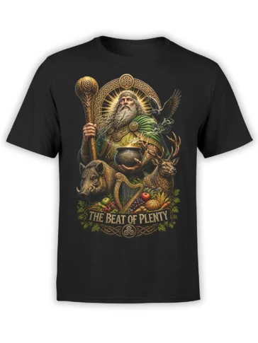 Black T-shirt with a harvest deity, raven, stag, wild boar, harp, and "The Beat of Plenty" design