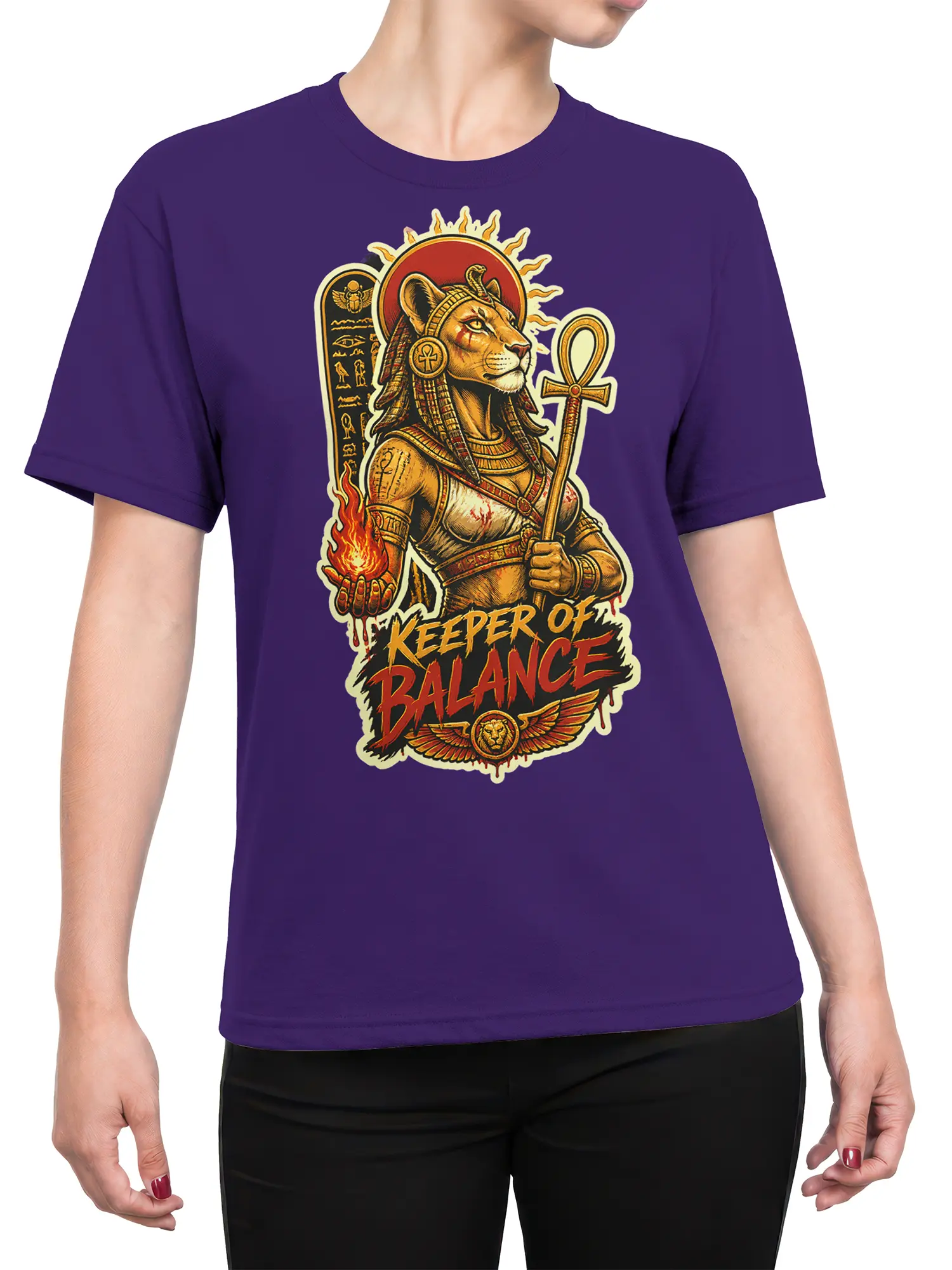 Female torso wearing a purple T-shirt with an Egyptian-inspired feline warrior graphic
