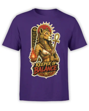 Egyptian-inspired feline warrior holding fire and an ankh on a purple graphic T-shirt