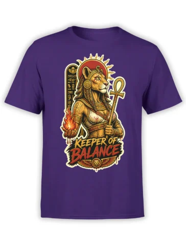 Egyptian-inspired feline warrior holding fire and an ankh on a purple graphic T-shirt