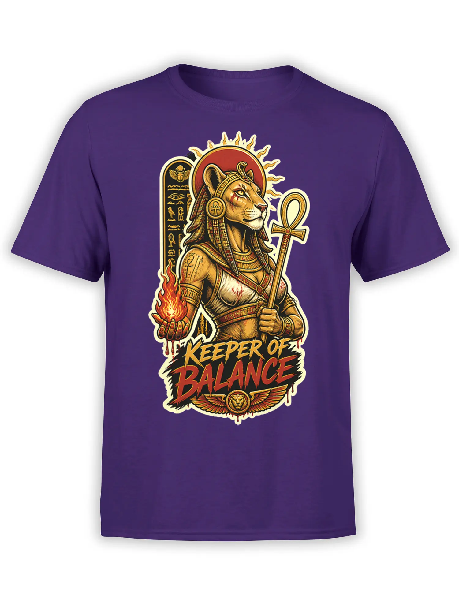 Egyptian-inspired feline warrior holding fire and an ankh on a purple graphic T-shirt