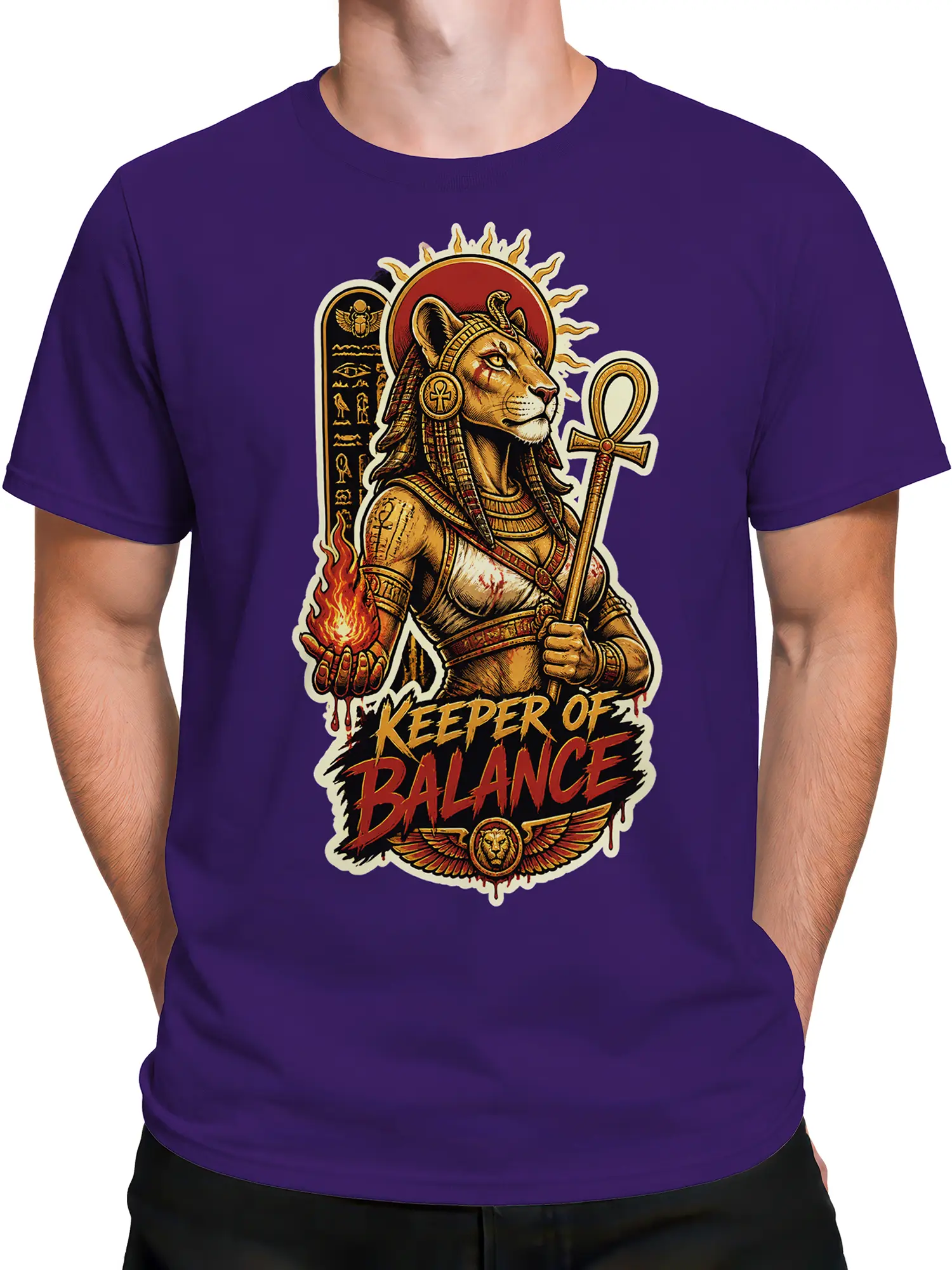 Male torso wearing a purple T-shirt with a feline warrior, flame, and ankh design