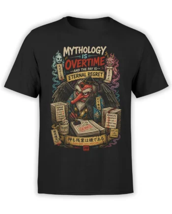 Black mythology T-shirt with a winged long-nosed figure, colorful spirit figures, office paperwork, and an overtime satire design