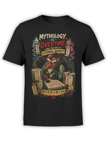 Black mythology T-shirt with a winged long-nosed figure, colorful spirit figures, office paperwork, and an overtime satire design