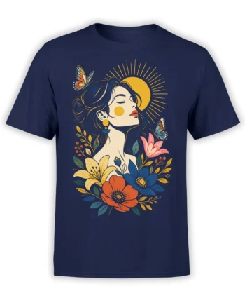 Vintage floral T-shirt with a serene woman, butterflies, sun rays, and colorful flowers on navy