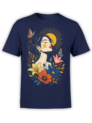 Vintage floral T-shirt with a serene woman, butterflies, sun rays, and colorful flowers on navy