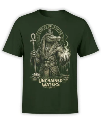 Green crocodile deity t-shirt with ankh symbols, lotus flowers, water, and Unchained Waters lettering