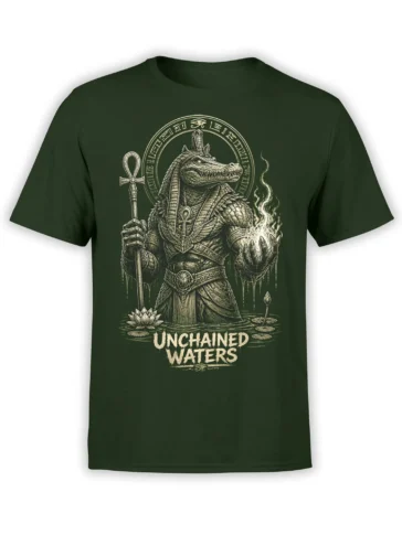 Green crocodile deity t-shirt with ankh symbols, lotus flowers, water, and Unchained Waters lettering