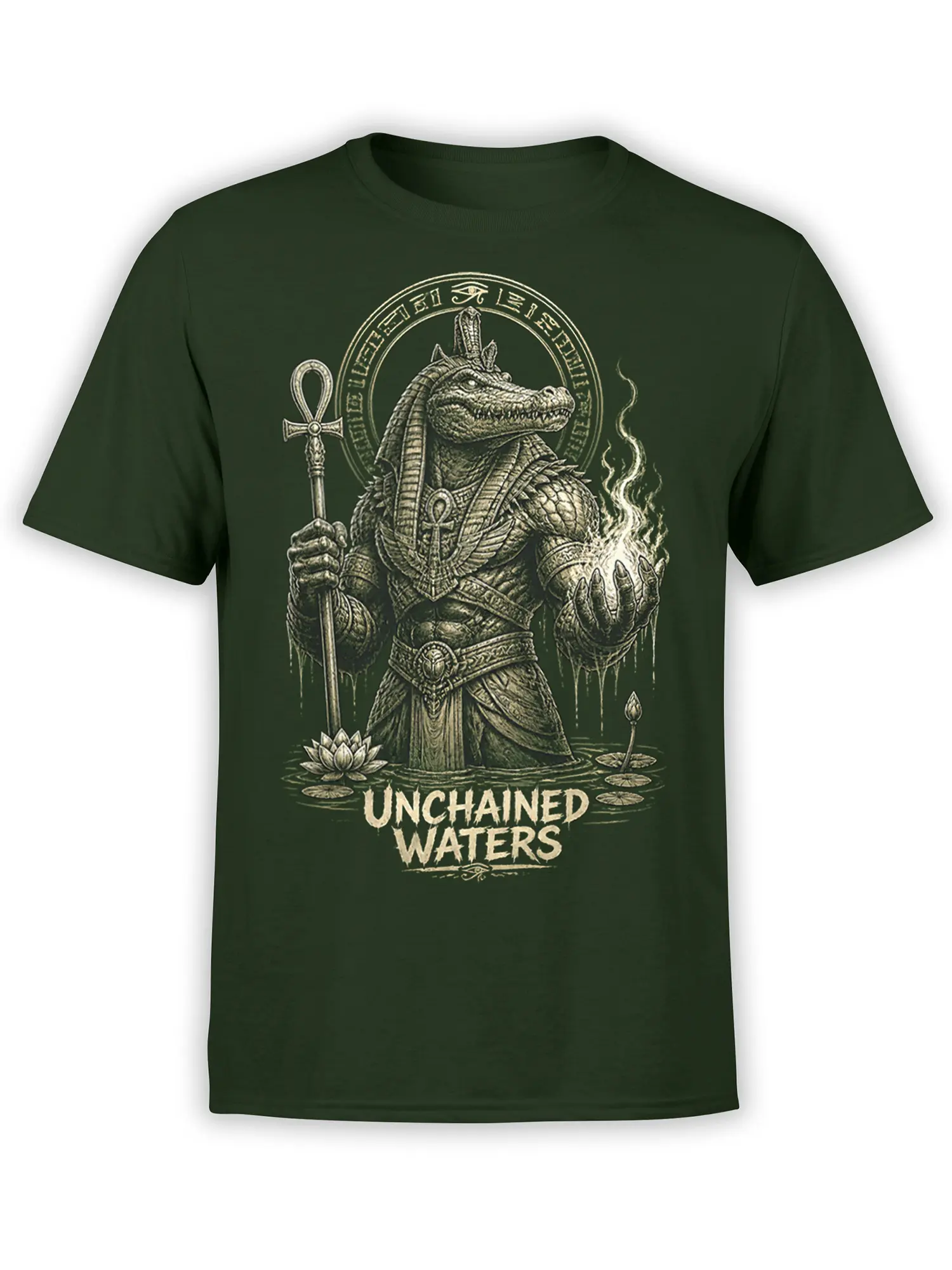 Green crocodile deity t-shirt with ankh symbols, lotus flowers, water, and Unchained Waters lettering