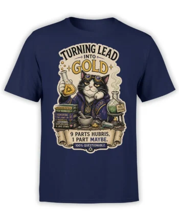 Vintage alchemist cat graphic with potions and spellbooks printed on a navy T-shirt