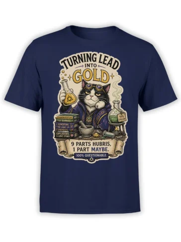 Vintage alchemist cat graphic with potions and spellbooks printed on a navy T-shirt