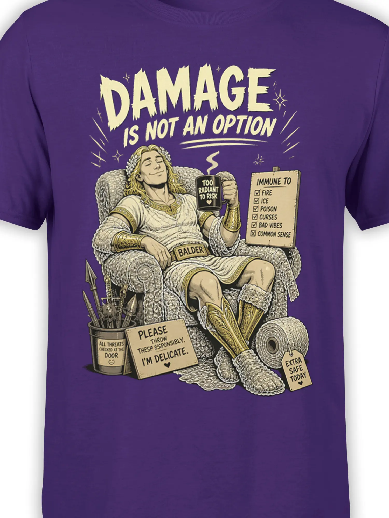 Close-up of Balder mythology artwork on a purple shirt with mug, robes, checklist, and humorous warning signs