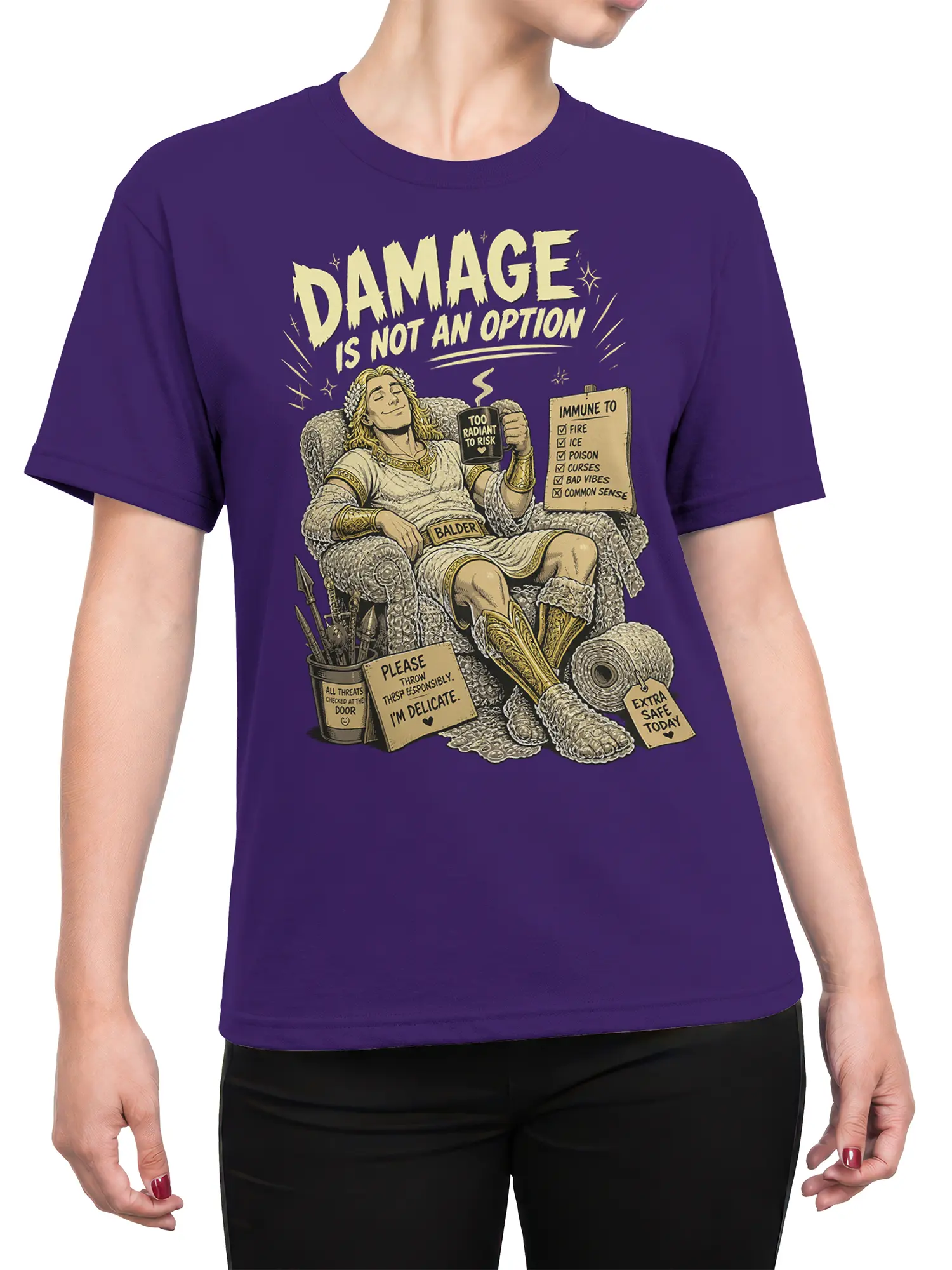 Female torso wearing a purple Balder mythology shirt with radiant fantasy artwork and humorous threat checklist
