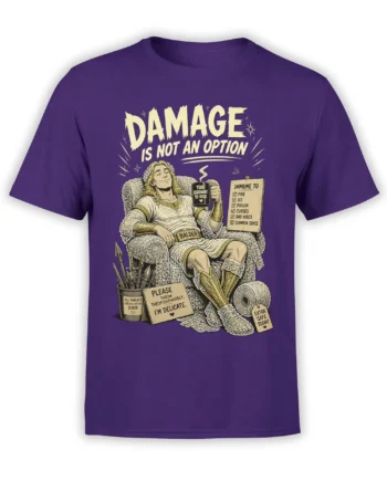 Purple Balder mythology T-shirt with radiant figure, threat checklist, and “Damage Is Not An Option” text